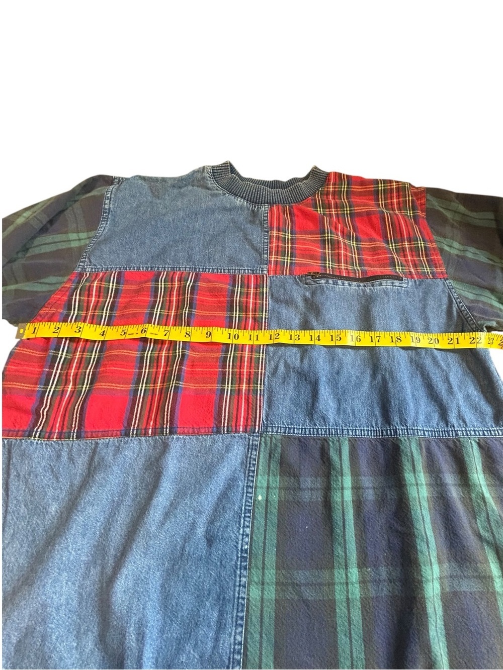 Vintage Marsha Sport Patchwork Denim Plaid Pullover 90s Grunge Top - Picture 4 of 14